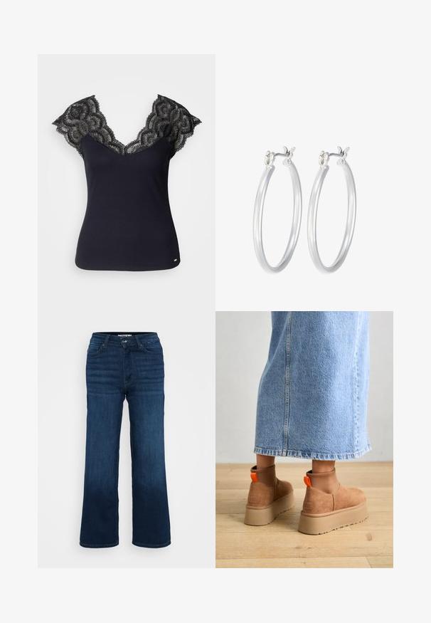 Zwarte geribbelde tanktop met een diepe V-hals en kantdetails op de schouders en gegolfde randen. Minimale hardware accenten aan de zoom.; ONLY Petite ONLMADISON BLUSH WIDE - Wide leg - dark blue denim; Bruine suède platformlaarzen met elastische zijkanten en oranje trekbandjes, gecombineerd met een lichtdenim rok tot de knie op een houten vloer.; Zilveren oorbellen in de vorm van een gladde, gepolijste ring. Ronde vorm met een veilige kliksluiting. Lichtgewicht ontwerp, geschikt voor dagelijks gebruik.