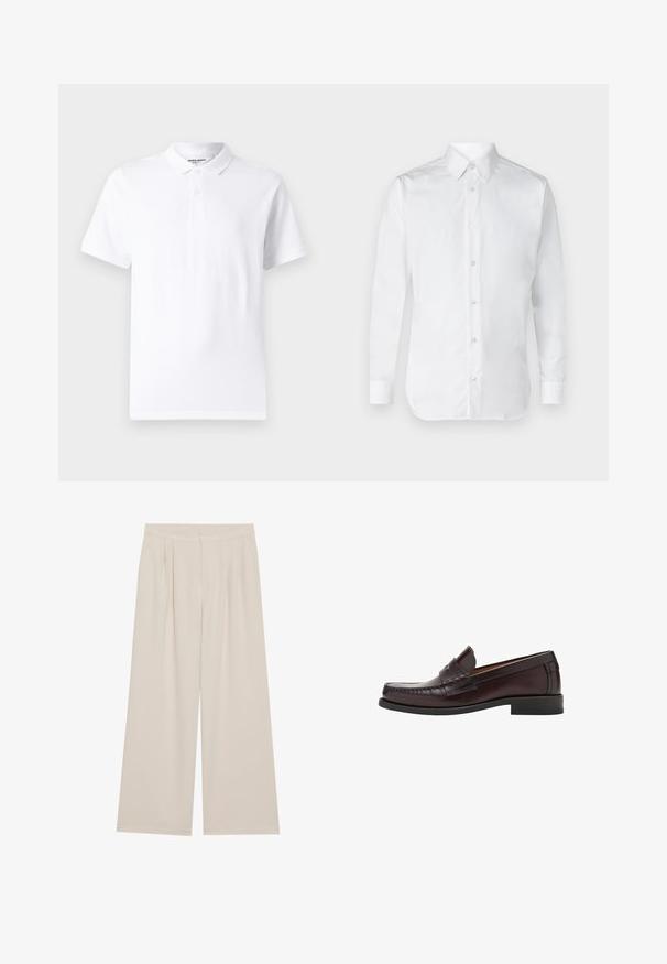 Weiße Polohemden mit einem klassischen Kragen, einer Zwei-Knopf-Leiste, kurzen Ärmeln und einem kleinen Logo auf der Brust. Hergestellt aus glattem Stoff.; Weißes Hemd mit langen Ärmeln, aus glattem Baumwollstoff, mit einem klassischen Kragen und subtiler Glanz. Fünf Knöpfe vorne.; Beige weite Hose mit flachem Bund, Falten und elastischem Bund. Hergestellt aus einem leichten Stoff mit glatter Textur.; Braune Lederloafer mit runder Zehenform, dekorativen Nähten auf der Vorderseite und einer flachen Gummisohle für Unterstützung und Langlebigkeit.