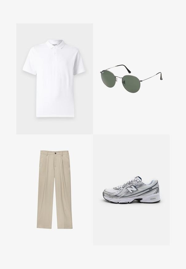 Witte polo met een klassieke kraag, knoopsluiting met twee knopen, korte mouwen en een klein logo op de borst. Gemaakt van gladde stof.; Beige broek met een rechte snit, voorzien van een enkele zwarte knoop, riemlussen en zijzakken. Glad stoffen textuur en een minimalistisch ontwerp.; New Balance sportieve schoen met een bovenwerk van mesh, voornamelijk wit met grijze en marineblauwe accenten, voorzien van een gevoerde zool en textuurdetails.; Metalen zonnebril met ovale groene lenzen. Dunne zilveren metalen rand en zwarte oorstoppers. Minimalistisch ontwerp, zonder zichtbare logo's.