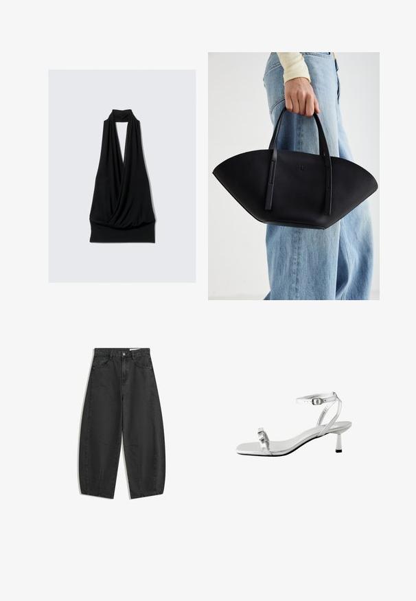 Top negru fără mâneci, fabricat dintr-un material moale, având un design drapat cu decolteu halter și un tiv strâns. Fără modele sau accesorii.; Jeanși negri, cu picioare largi, talie înaltă, buzunare frontale, bucle pentru curea și închidere cu nasture, expuși plan pe un fundal alb.; Sandale cu toc argintiu, cu vârf pătrat, curea subțire pentru gleznă și un toc mic de tip bloc. Suprafață metalică netedă și design minimalistic.; Geantă de piele neagră cu o formă unică de evantai, având mânere plate. Suprafața are o textură cu mici granule și un design minimalist.