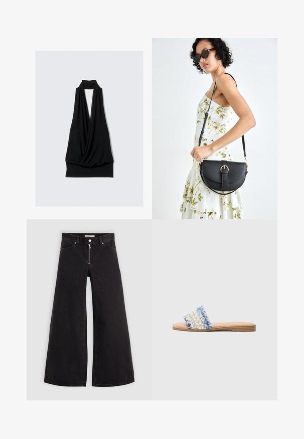 Musthave mustata, millel on eriline drapeering, takkaotsaga kaelus ja sobiv alläär. Ilma mustrite ja riistvarata.; Laiad teksad mustast denimist, millel on lukuga eesmine osa, viie taskuga disain ja peened õmblusdetailid. Sile tekstuur ja juhuslik stiil.; Call it Spring ROJAS  - Tagant lahtised kingad - other blue; Mustmust mustraha kõverate joontega, eemaldatava rihmaga ja kuldsete detailidega. Kotil on klapp, millel on pandladetail.