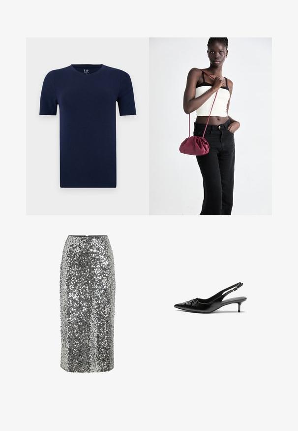 Marineblauwe T-shirt met korte mouwen en ronde hals, gemaakt van zachte katoenstof. Heeft een normale pasvorm met rechte zomen voor een comfortabele design.; Zilveren pailletten kokerrok met een nauwsluitend ontwerp, kniehoogte en een gladde textuur. Voorzien van een onzichtbare ritssluiting aan de achterkant.; Zwarte leren slingback hakken met een spitse neus, kleine kittenhak en een decoratieve knoopdetail aan de voorkant. Smooth textuur overal.; Bordeaux zachte stoffen handtas met een geplooid ontwerp en een lange schouderband, crossbody gedragen. Model draagt een witte crop top en zwarte jeans.
