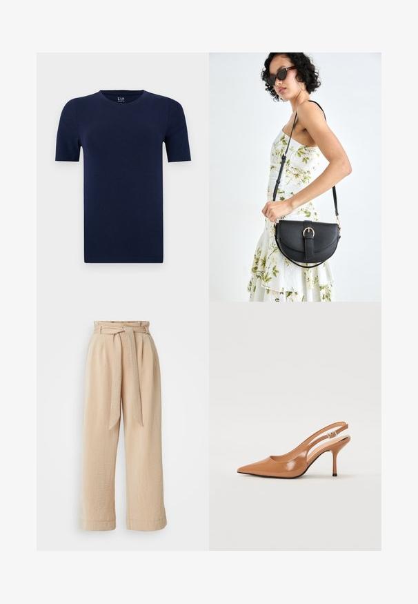 Marineblauwe T-shirt met korte mouwen en ronde hals, gemaakt van zachte katoenstof. Heeft een normale pasvorm met rechte zomen voor een comfortabele design.; Beige wijde broek met een riem in de taille, gemaakt van een textuurstof. Heeft een geplooide voorkant en een gladde afwerking langs de zoom.; Puntige slingback hak in een glad, glanzend beige materiaal. Bevat een gebogen uitsnijdontwerp en een slanke stiletto hak. Zilveren gesp detail.; Zwarte leren handtas met een gebogen vorm, afneembare schouderband en gouden hardware. De tas heeft een klep met een gespsluiting.