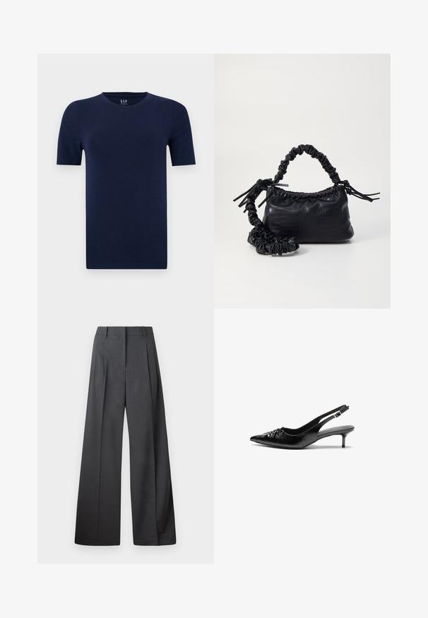 Marineblå T-shirt med kortærmer og rund hals lavet af blødt bomuldsstof. Har en almindelig pasform med lige kanter for et komfortabelt design.; Bredde benbukser i mørkegrå stof, med høj talje, enkelte læg og en glat tekstur med en ren finish ved kanten.; Sorte læderslippers med spidse tæer, lille kitten hæl og en dekorativ knude detalje foran. Glat tekstur hele vejen rundt.; Sort kunstlæder håndtaske med krokodilteksur, indsnøret top og en sammenkrøben rem. Ser blød og kompakt ud i designet.
