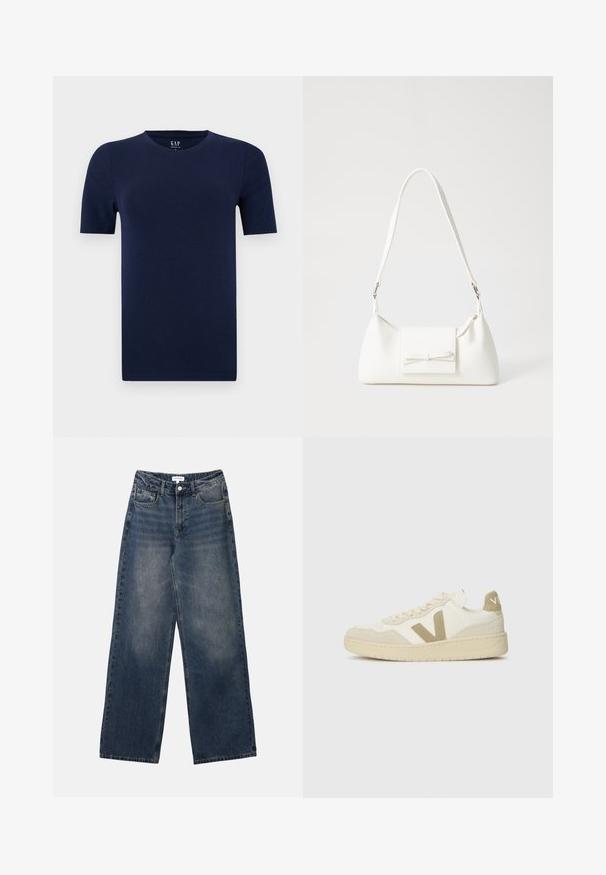 Tumesinine lühikeste varrukatega T-särk klassikalise ümmarguse kaelusega, valmistatud pehmest puuvillakangast. Omab regulaarset lõiget ja sirgeid ääri, tagades mugava disaini.; Meeste kõrge vöökohaga sinised teksapüksid, laiade jalgadega, ees nupuga ja lukuga, ning ees ja taga taskud.; Kreemi ülemise osaga sneakersid, beeži nahkade aksessuaaridega ja tekstuurse kummitaldiga. Omab julget 'V' logo ja sidumise disaini.; Valge sünteetilisest materjalist kott kolmnurkse kujuga, lame esiklapiga ja kaaredetailiga, reguleeritava rihmaga, sileda tekstuuriga ja minimalistliku disainiga.