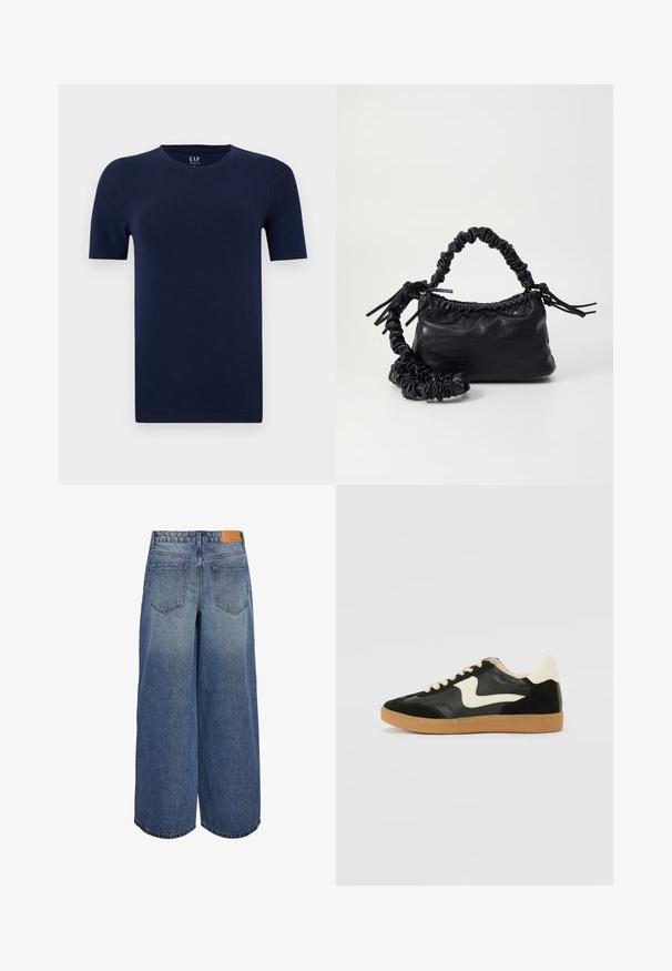 Navy blue, short-sleeve crew neck T-shirt made of soft cotton fabric. Features a regular fit with straight hems for a comfortable design.; Wide-leg denim culottes in medium blue wash with a faded texture, featuring two back pockets and a brown leather brand tag on the waistband.; Black suede and leather sneaker with a cream side swoosh and light cream heel. Features beige laces and a gum rubber outsole.; Black faux leather handbag with a crocodile texture, cinched top, and a scrunched strap. Appears soft and compact in design.