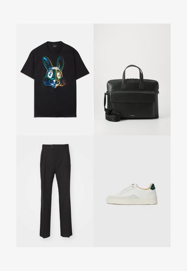Camiseta de algodón negra con una colorida ilustración abstracta de la cara de un conejo en la parte frontal. Cuello redondo, mangas cortas y corte holgado.; Pantalones negros a medida con un diseño de pierna recta, dos bolsillos delanteros y un cierre de doble botón en la cintura. Textura de tela suave.; Zapatilla blanca con acentos de ante, puntera redondeada, cordones planos y suela de goma color crema. Presenta un logo verde en el talón.; Maletín de cuero negro con dos asas superiores, un bolsillo en la parte frontal y una correa desmontable, que presenta un sutil logotipo en la parte inferior.