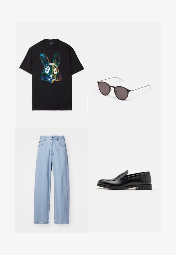 Musta puuvillapaita, jossa on edessä värikäs, abstrakti pupuillustratio. Pyöreä kaula-aukko, lyhyet hihat ja löysä istuvuus.; Vaaleansiniset farkut, joissa on leveä lahje, etutaskut, napitus ja yksityiskohtainen ompelu saumoissa.; Mustat nahkakengät, joissa on sileä pinta, pyöreä kärki ja koristeellinen nauha jalkapöydän yli. Matala pinoitu koroke, minimalistinen muotoilu.; Musta pyöreä aurinkolasit tummilla linsseillä ja kapeilla metallikehyksillä. Sisältää kirkkaat temppelet ja hopeiset yksityiskohdat saranassa. Minimalistinen muotoilu.