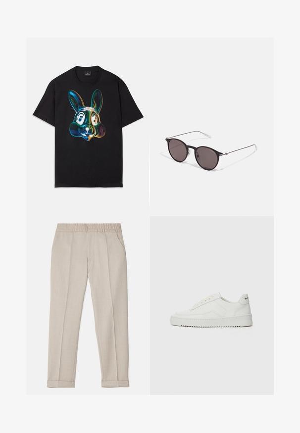 Schwarzes Baumwoll-T-Shirt mit einer bunten, abstrakten Hasenmotivan einer Illustration auf der Vorderseite. Rundhalsausschnitt, kurze Ärmel und lockere Passform.; Filippa K TERRY CROPPED TROUSERS - Stoffhose - sage melange; Weiße Ledersneaker mit glatter Oberfläche, runder Zehenpartie, flachen Schnürsenkeln und strukturiertem Sohlenprofil. Mit einem dezenten Logo an der Ferse.; Schwarze runde Sonnenbrille mit dunklen Gläsern und schlanken Metallbügeln. Enthält klare Tempelspitzen und silberne Akzente am Scharnier. Minimalistisches Design.