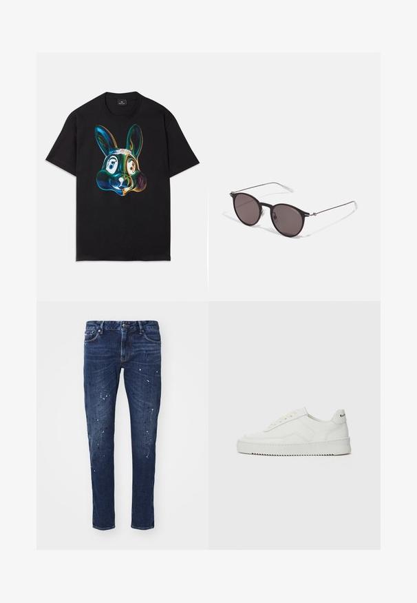 Černé bavlněné tričko s barevnou abstraktní ilustrací králíčí tváře na přední straně. Kulatý výstřih, krátké rukávy a volný střih.; Tmavě modré džíny s úzkým střihem, které mají skvrny od barvy, viditelné švy a standardní pětikošíkový design. Rovný střih nohavic.; Bílé kožené tenisky s hladkým povrchem, kulatou špičkou, plochými tkaničkami a texturovanou podrážkou. Na patě se nachází nenápadné logo.; Černé kulaté sluneční brýle s tmavými skly a tenkými kovovými nohami. Obsahují průhledné koncovky nožiček a stříbrné akcenty na pantu. Minimalistický design.