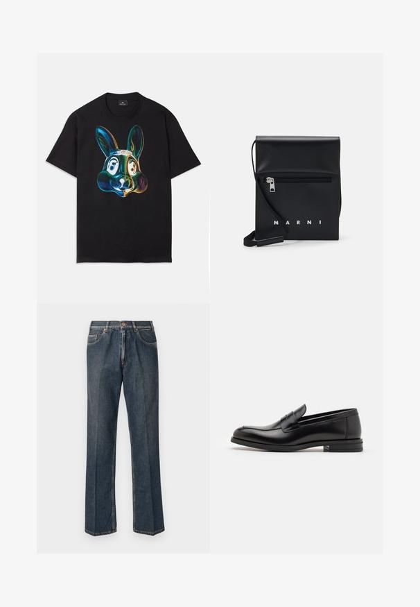 Musta puuvillapaita, jossa on edessä värikäs, abstrakti pupuillustratio. Pyöreä kaula-aukko, lyhyet hihat ja löysä istuvuus.; Tummansiniset suorat farkut, joissa on edessä nappi, vetoketju, tuplakoteloita ja näkyvät pystysaumat lahkeissa.; Mustat nahkakengät, joissa on sileä pinta, pyöreä kärki ja koristeellinen nauha jalkapöydän yli. Matala pinoitu koroke, minimalistinen muotoilu.; Musta nahkainen olkalaukku, jossa on vetoketjullinen etutasku, kohokuvioitu logo ja säädettävä hihna. Sujuva tekstuuri ja jämäkkä muoto.