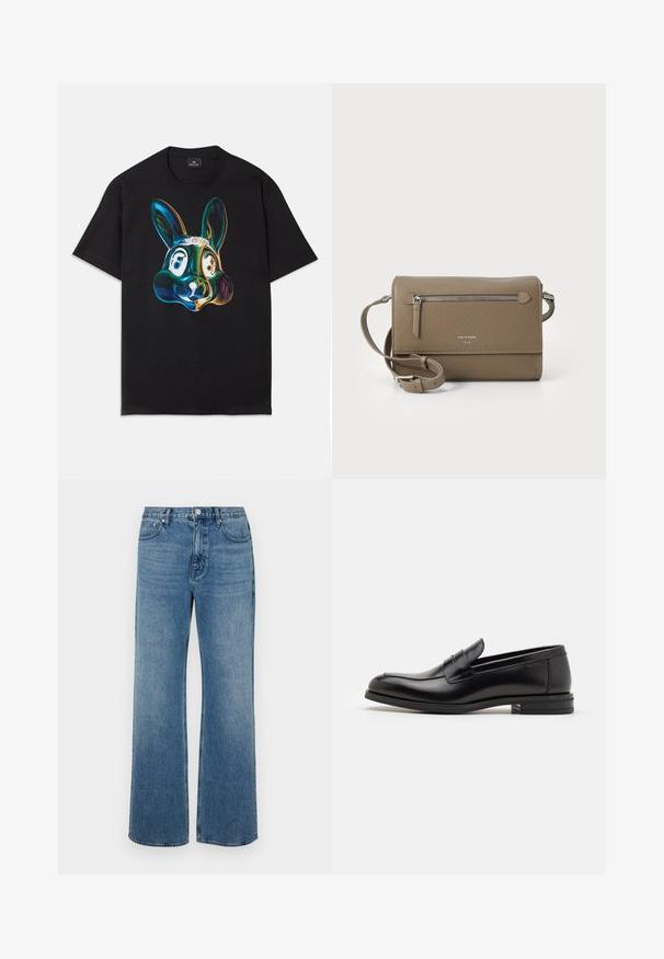 Black cotton t-shirt featuring a colorful, abstract rabbit face illustration on the front. Round neck, short sleeves, and loose fit.; Wide-leg blue jeans made of denim with a faded finish. Features five pockets, a front button closure, and a straight cut.; Black leather loafers with a smooth texture, rounded toe, and a decorative strap across the vamp. Low stacked heel, minimalist design.; Taupe leather crossbody bag with a zippered front pocket, adjustable strap, pebble texture, and embossed logo on the front.