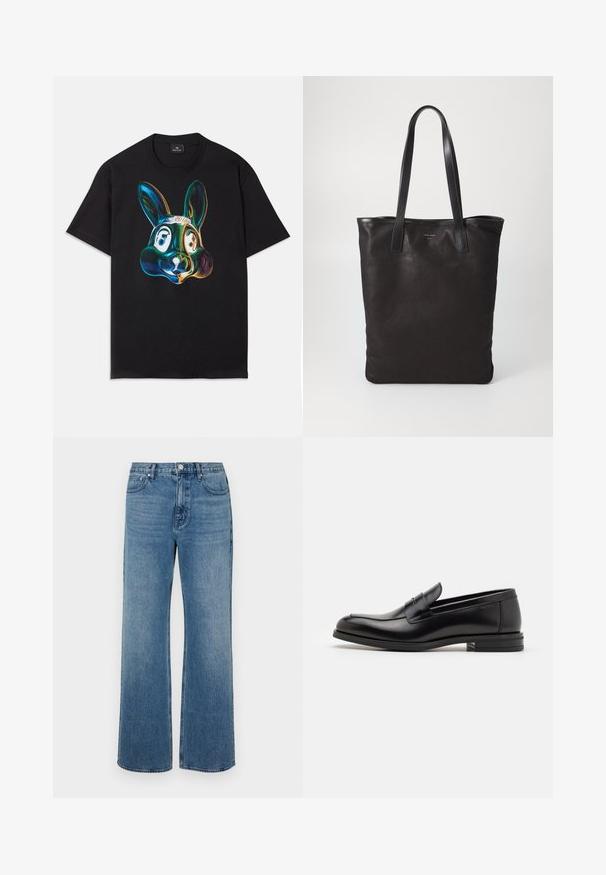 Schwarzes Baumwoll-T-Shirt mit einer bunten, abstrakten Hasenmotivan einer Illustration auf der Vorderseite. Rundhalsausschnitt, kurze Ärmel und lockere Passform.; Weite blaue Jeans aus Denim mit einem verblassten Finish. Verfügt über fünf Taschen, einen Frontknopfverschluss und einen geraden Schnitt.; Schwarze Lederloafers mit glatter Textur, rundem Zehenbereich und einem dekorativen Riemen über dem Vorderfuß. Niedriger, gestapelter Absatz, minimalistisches Design.; Schwarze Stofftote mit schwarzen Ledergriffen. Einfaches Design, geräumiger Körper und glatte Textur. Keine sichtbaren Logos oder Muster.