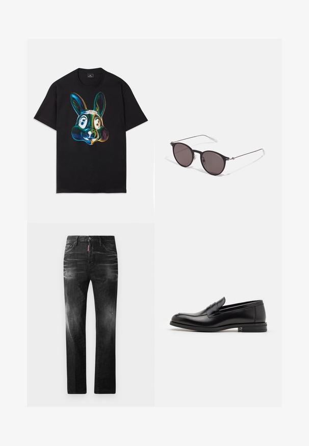 Black cotton t-shirt featuring a colorful, abstract rabbit face illustration on the front. Round neck, short sleeves, and loose fit.; Black denim jeans with a straight fit. Features faded areas, minor distressing, classic five-pocket design, and a button closure.; Black leather loafers with a smooth texture, rounded toe, and a decorative strap across the vamp. Low stacked heel, minimalist design.; Black round sunglasses with dark lenses and slim metal arms. Includes clear temple tips and silver accents at the hinge. Minimalist design.