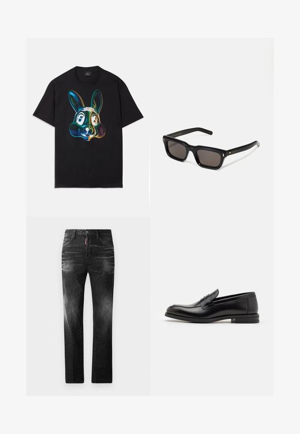 Black cotton t-shirt featuring a colorful, abstract rabbit face illustration on the front. Round neck, short sleeves, and loose fit.; Black denim jeans with a straight fit. Features faded areas, minor distressing, classic five-pocket design, and a button closure.; Black leather loafers with a smooth texture, rounded toe, and a decorative strap across the vamp. Low stacked heel, minimalist design.; Black rectangular sunglasses with dark lenses, thick plastic frame, gold accents on temples, and brand logo engraved on the arm.
