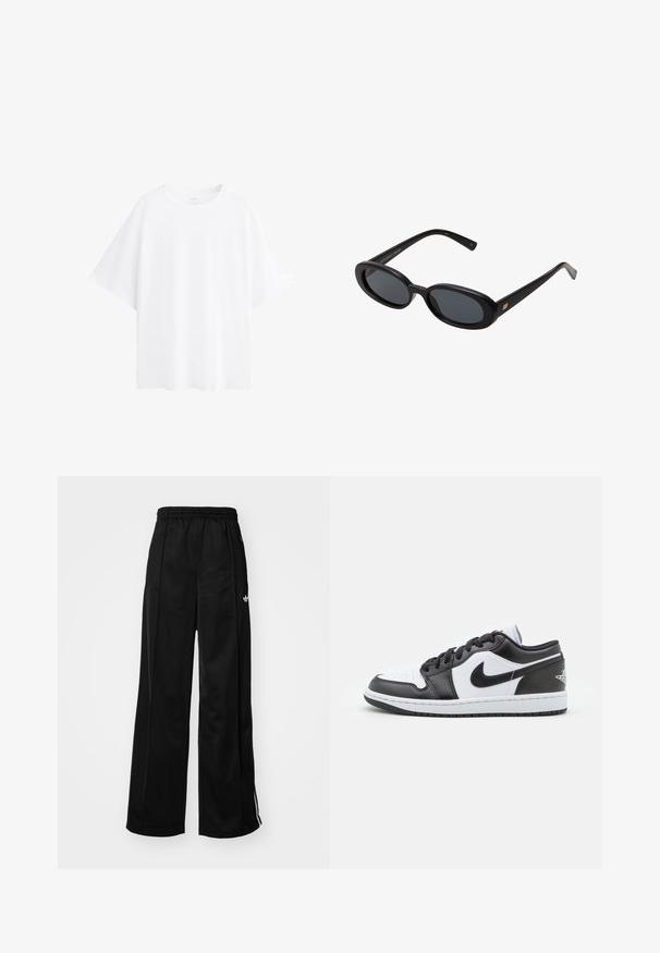Fehér, oversize pamut póló, rövid ujjakkal, kerek nyakkivágással és sima felülettel. Nincsenek minták vagy kiegészítők.; Fekete, bő szárú tréningnadrág, elasztikus derékkal, fehér oldalsávokkal és egy kis logóval a bal csípőn. Sima anyag textúrával.; Fekete-fehér Nike alacsony szárú sportcipők sima bőrből készültek, kerek orrúak, fűzős záródásúak, és mintás gumitalppal rendelkeznek.; Fekete, oversize napszemüveg ovális lencsékkel, sima műanyag kerettel és arany részletekkel a fülpánton. Sötét lencséi védelmet nyújtanak a napfény ellen.