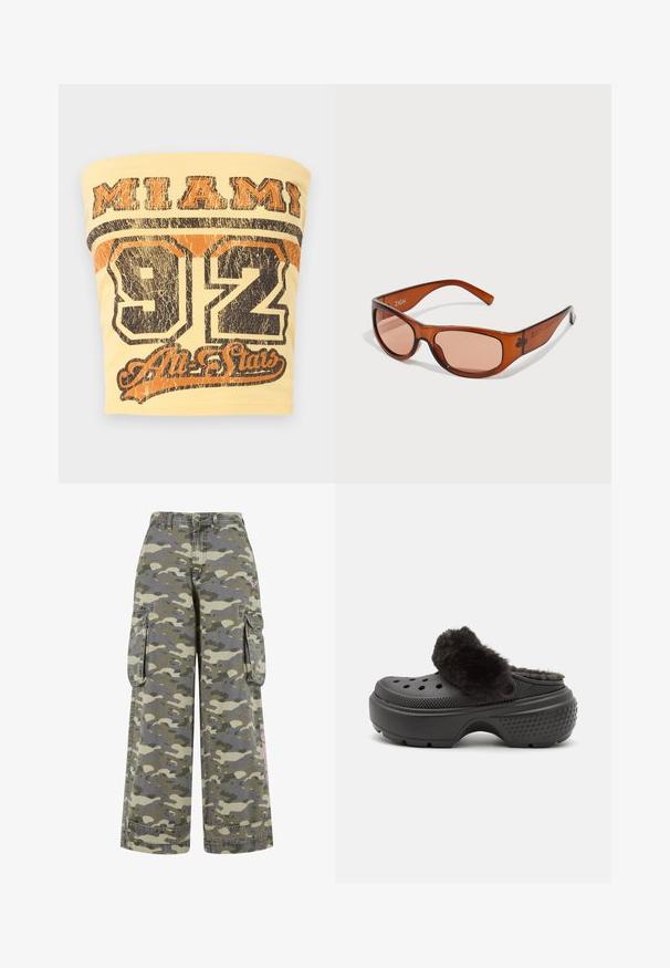 Rumena brezrokavna majica z napisom "MIAMI" v bold črni barvi ter številko "92" v raztrgani črni in oranžni barvi spodaj.; Cargo hlače v zeleni in bež kamuflažnem vzorcu, s sproščenim krojem, dvema stranskima žepoma in rožnatim poudarkom na nogi.; Črne klompe z mehkim, puhastim zgornjim pasom, ki imajo perforacije spredaj in teksturiran peti za oprijem. Lahka in enostavna za obuvanje.; Sončna očala rjave barve, v pravokotnem oblikovanju, izdelana iz prozorne plastike. Imajo ukrivljene ročice in naziv blagovne znamke "ZIGN" na strani.