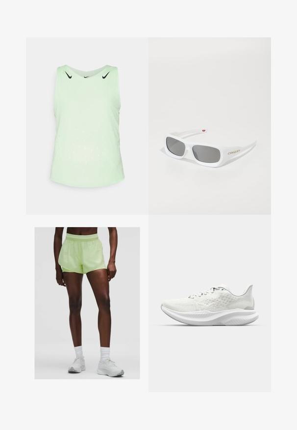 Šviesiai žalia sportinė maikutė, pagaminta iš kvėpuojančios medžiagos, pasižyminti apvaliu iškirpimu, be rankovių dizainu ir perforuotomis raštais vėdinimui.; Šviesiai žali sportiniai šortai su laisvu siluetu, elastinga juosmena ir lygiu paviršiumi. Su baltais sportiniais bateliais ir kojinėmis.; Baltos sportinės bateliai su tekstūruota viršutine dalimi, raišteliais sujungti ir su paminkštintu padu, turinčiu bangos formos profilį. Subtilus prekės ženklas šone.; Balti stačiakampiai Oakley saulės akiniai su tamsiais lęšiais, padėti ant balto paviršiaus, šone matomas logotipas.