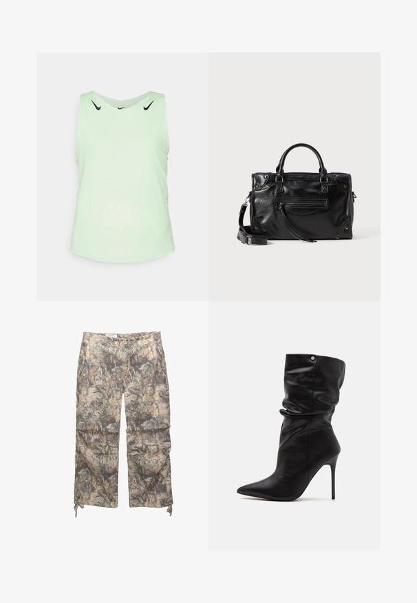 Lichtgroene sportieve tanktop van ademend materiaal, met een ronde halslijn, mouwloos ontwerp en geperforeerde patronen voor ventilatie.; Camo-geprinte broek gemaakt van een lichtgewicht stof, met een elastische tailleband, zijzakken en verstelbare trekkoorden bij de enkels.; Even&Odd Wide Fit Enkellaarsjes met hoge hak - black; Zwarte leren handtas met twee korte handvatten en een afneembare schouderriem. Voorzien van een voorvak met rits en metalen accenten. Structuur oppervlak.