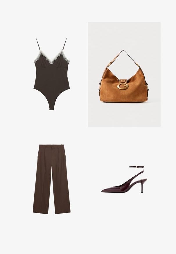 Bruine body met verstelbare spaghettibandjes en een kanten rand op een diepe V-halslijn. Soepele textuur, getailleerd ontwerp en hoge uitsnijdingen bij de benen.; Bruine wijde broek gemaakt van een gladde stof, met een hoge taille, voorplooien en twee zijzakken.; Bordeaux gepatineerd leren puntige slingback pump met dunne enkelband en halfhoge stiletto hak op een witte achtergrond.; Bruine suède handtas met een ronde vorm, een goudkleurige hardware sluiting en een contrasterende zwarte rand. Voorzien van een enkele schouderband voor het dragen.