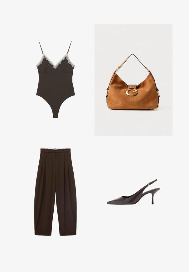 Hnedý body s nastaviteľnými ramienkami a čipkovým lemom na hlbokom výstrihu do V. Hladká textúra, priliehavý strih a vysoko vystrihnuté nohavice.; Hnedé nohavice s vysokým pásom a skladaním, vyrobené z hladkej tkaniny. Voľný strih, rovný strih nohavíc, s pútkami na opasok a so zipsom.; Sandalové topánky s špicatou špičkou v tmavo hnedých patentovaných kožách, vybavené štíhlym vysokým opätkom a nastaviteľným členkovým remienkom so sponou.; Hnedá semišová kabelka s zaobleným tvarom, zlatou kovovou sponou a kontrastným čiernym lemovaním. Obsahuje jeden ramenný popruh na nosenie.