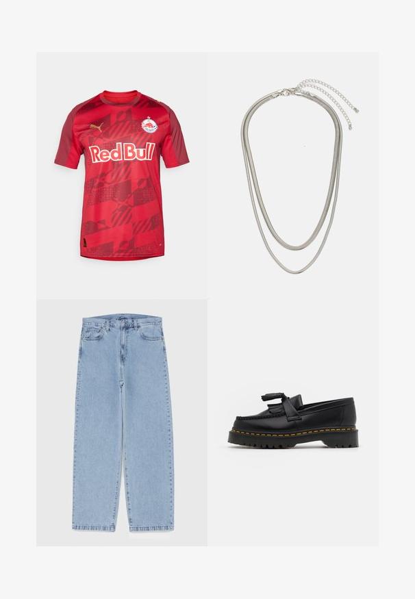 Raudona futbolo marškinėliai su trumpomis rankovėmis, apvaliu kaklu ir gradientiniu raštu. Priekyje yra "Red Bull" logotipas, komandos emblema ir auksinis Puma logotipas.; Šviesiai mėlyni džinsai su tiesiomis kojomis, turintys vidutinio aukščio juosmenį, penkias kišenes ir mygtuko bei užtrauktuko uždarymą.; Juodas odinis loaferis su kutais, turintis masyvų juodą pado ir geltonus siūlus palei kraštą. Textūruota danga.; Trijų sluoksnių sidabrinė metalinė apyrankė, kuri pasižymi stilingomis, lankstosiomis grandinėlėmis su švelniu blizgesiu, užsegama krabų užsegimu ir reguliuojama grandinė.