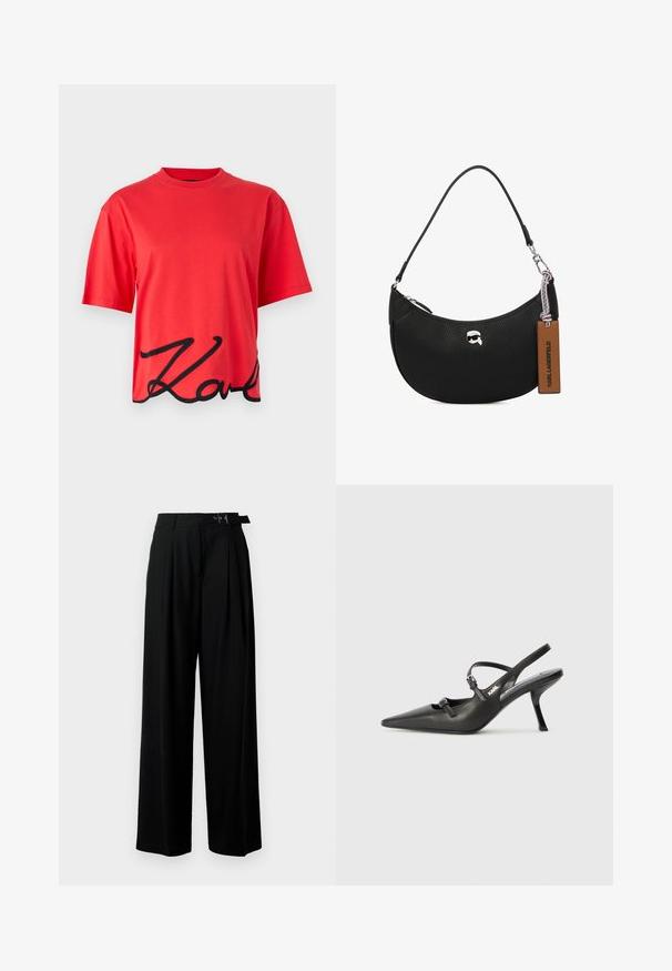 Camiseta de algodón roja con mangas cortas, que presenta un diseño de logo en cursiva negro en el borde inferior. Cuello redondo sencillo.; Pantalones de pierna ancha negros con cintura alta, pliegues en la parte delantera y un cinturón con hebilla. Confeccionados con una tela suave y liviana.; Tacones slingback de cuero negro con punta afilada, tacón delgado y detalle decorativo de hebilla en la parte superior. Textura suave y diseño elegante.; Bolso de mano de cuero negro con textura granulada, forma curvada, cierre superior con cremallera, herrajes plateados y una etiqueta marrón. Presenta un acento con el logotipo.