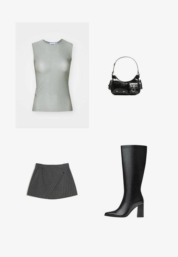 Mouwloze lichtgroene top van een gladde stof, met een hoge hals en een aansluitende silhoeet. Geen zichtbare hardware of patronen.; Grijze gestreepte rok met een wikkelontwerp, voorzien van een zijknopen sluiting, rechte zoom en een gladde textuurstof.; Zwarte laars tot de knie van faux leer met een spitse neus, een gladde textuur en een chunky blokhak. Minimalistisch ontwerp zonder zichtbare accenten.; Zwarte laarzen in lakleer met een gebogen vorm, één schouderband, voorvakken en accenten in zilverkleurig metaal.