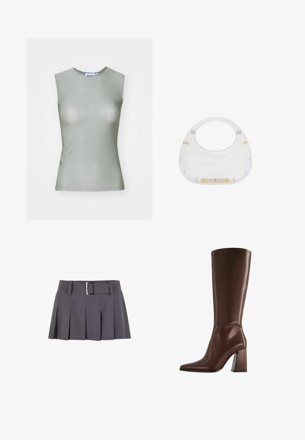 Top fără mâneci, de culoare verde deschis, realizat dintr-un material neted, având un gât înalt și o siluetă ajustată. Fără accesorii sau modele vizibile.; Fustă mini plisată gri cu o textură netedă, având un brâu lat, bucle pentru curea și un detaliu rectangular cu cataramă argintie.; Cizme maro din piele, până la genunchi, cu vârf ascuțit și toc gros de înălțime medie, prezentate în profil lateral pe fundal alb.; Geantă din acrilică transparentă, cu vârful rotunjit și mânere deschise. Prezintă detalii din metal galben și o suprafață netedă, lustruită.
