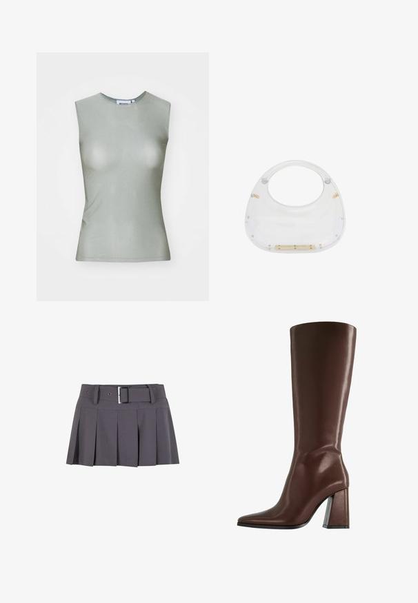 Top senza maniche di colore verde chiaro realizzato in tessuto morbido, con collo alto e silhouette aderente. Nessuna hardware o motivo visibile.; Mini gonna plissettata grigia con una texture morbida, dotata di una vita larga, passanti per la cintura e un dettaglio con fibbia rettangolare in argento.; Stivale in pelle marrone al ginocchio con punta affusolata e tacco trasparente e chunky. Texture liscia con dettagli minimi.; Borsa in acrilico trasparente con parte superiore arrotondata e manico aperto. Presenta dettagli in hardware dorato e una superficie liscia e lucida.