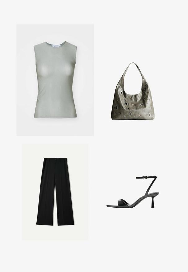 Top senza maniche di colore verde chiaro realizzato in tessuto morbido, con collo alto e silhouette aderente. Nessuna hardware o motivo visibile.; Bershka WIDE - Pantaloni - black; Bershka Sandali con tacco - black; Borsa a tracolla in pelle verde oliva con un design morbido, caratterizzata da tagli circolari di diverse dimensioni e dettagli in tonalità più scure e più chiare.