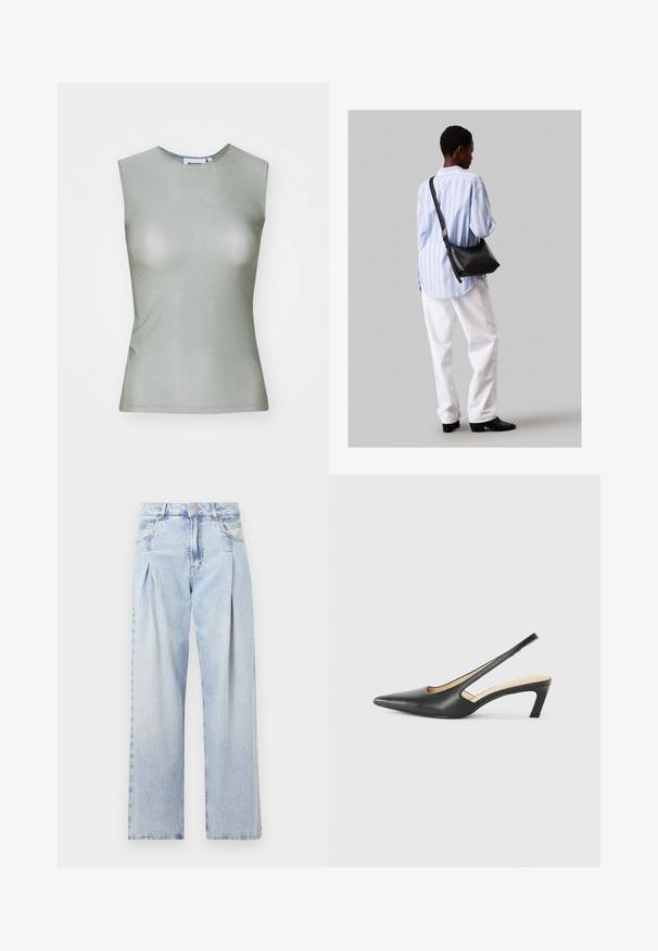 Varrukateta helesinine särk, mis on valmistatud siledast kangast, millel on kõrge kaelus ja lähedane siluett. Puuduvad nähtavad metalldetailid või mustrid.; Heledad sinise denimist valmistatud teksapüksid kõrge vöökohaga, laia jala lõikega, kahe külje taskuga ja pleedi disainiga. Pehme tekstuur ja pleekinud viimistlus.; Must mustaga, terav varvas, madala kontsaga sildiga king, mis on valmistatud siledast nahast ja mille küljel on lõike disain hingavuse tagamiseks.; Must have mustras alasi nahkpatsi, pehme tekstuuriga, kolmnurkse kujuga ja reguleeritava rihmaga, koos helesinise triibulise särgi ja valgete pükstega.