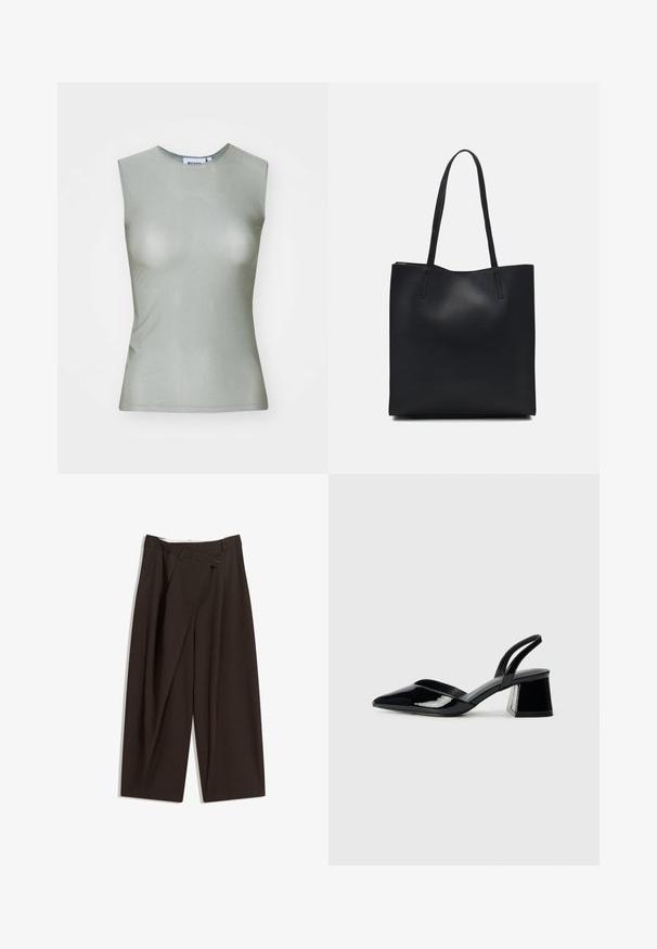 Sleeveless light green top made of smooth fabric, featuring a high neck and a fitted silhouette. No visible hardware or patterns.; Dark brown wide-leg trousers with a high waist, featuring a single button closure and a pleated front. Made from lightweight fabric.; Black patent leather slingback heels with a pointed toe and a geometric block heel. Features a sleek, minimal design and smooth texture.; Black leather tote bag with smooth texture, rectangular shape, and two long handles. No visible hardware or embellishments.