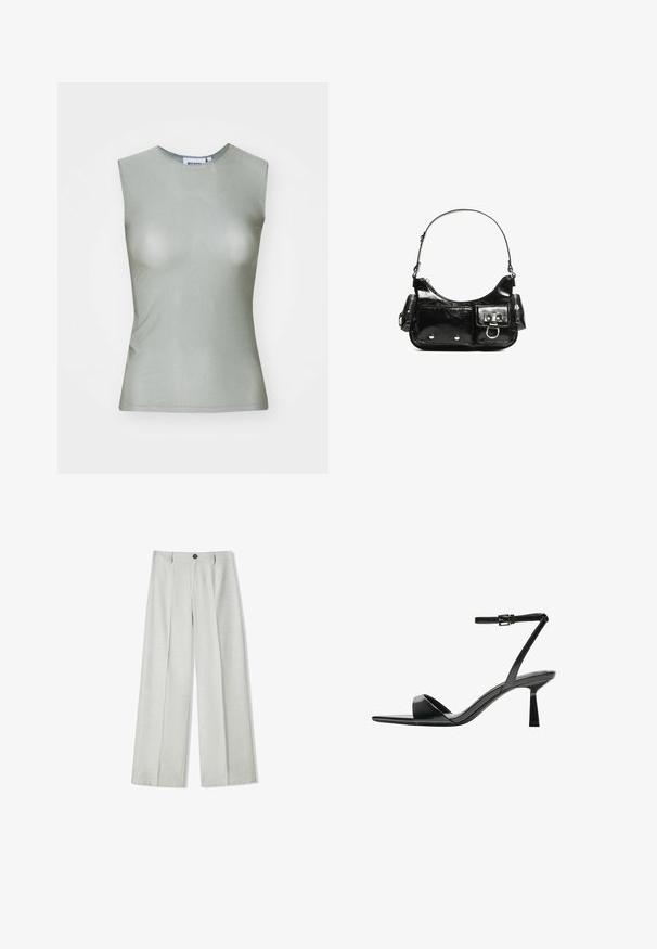 Ärmlös ljusgrön topp gjord av slät tyg, med hög urringning och en figurnära silhuett. Inga synliga detaljer eller mönster.; Ljust grå vida byxor i ett strukturerat tyg, med fickknäppning och två veck fram för extra detalj.; Bershka Sandaletter - black; Svart lackläderhandväska med en rundad form, en axelrem, framfickor och detaljer i silverfärg.