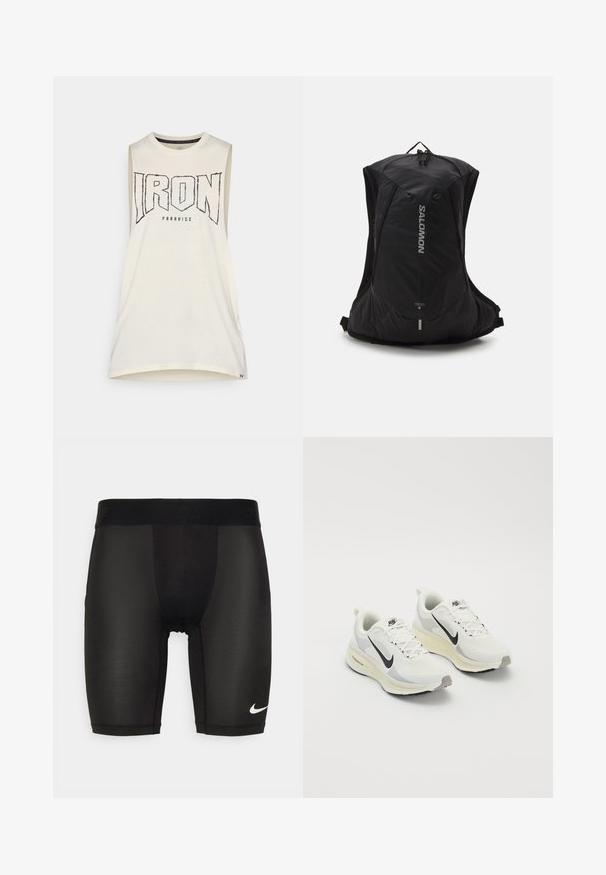 Mouwloze, crème tanktop met "IRON" in opvallende zwarte letters. Gemaakt van zachte katoen, met een ronde halslijn en een relaxte pasvorm.; Zwarte sportieve shorts gemaakt van een gladde, rekbare stof. Bevat een brede tailleband met reliëfbranding en een klein wit logo op het been.; Hardloopschoenen gemaakt van witte ademende mesh met lichtgrijze accenten. Voorzien van een zwart swoosh-logo en een lichtgrijze rubberen loopzool.; Salomon CROSS 8 - Rugzak - black