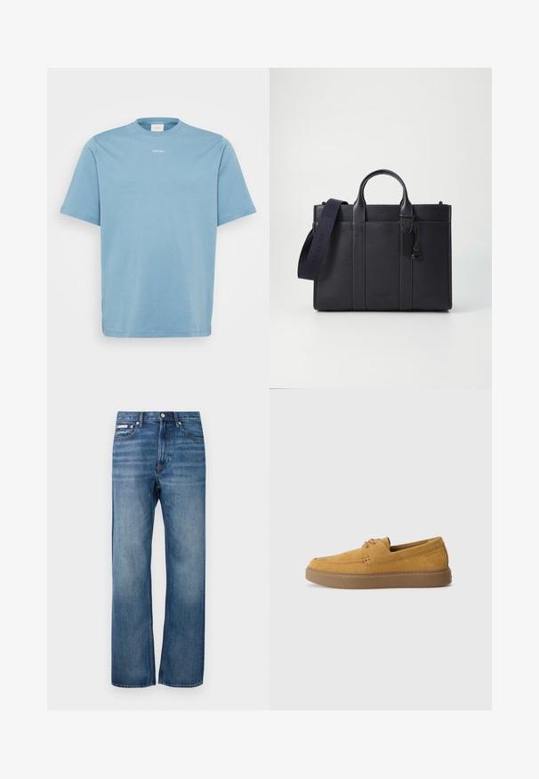 Gaiši zila kokvilnas T-krekls ar apaļu izgriezumu un īsām piedurknēm. Uz krūšu daļas vienkārša "Calvin Klein" logo balta krāsā.; Zilās taisnās kājas džinsi ar nelielu nolietojumu, priekšējās pogas aizdare un neliela logo birka labajā priekšējā kabatā.; Browningas zamšs slip-on apavi ar teksturētu virsmu, noapaļota purngala un kontrastējoša gumijas zole. Satur smalku zīmolu tuvumā papēžam.; Tumši jūras zila ādas portfelis ar divām augšējām rokturiem un noņemamu siksnu. Ar teksturētu apdari, vertikālām šuvēm un logo detaļu.