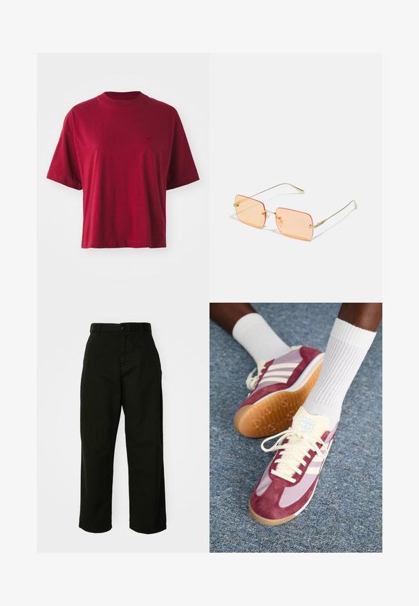 Czerwona bawełniana koszulka z krótkim rękawem, okrągłym dekoltem i małym haftowanym logo na piersi. Luźny krój i gładka faktura.; Czarne, szerokie spodnie wykonane z wytrzymałego materiału bawełnianego. Posiadają zapięcie na guzik i kieszenie boczne. Gładka faktura oraz dopasowane wykończenie.; Sneakers z burgundowym zamszem i jasnopurpurowym wzorem, z trzema białymi paskami, kremowymi sznurówkami i teksturowanym żółtym językiem. Gumowa podeszwa.; Złote metalowe okulary przeciwsłoneczne z prostokątnymi pomarańczowymi soczewkami. Wyróżniające się cienkimi zausznikami i subtelnymi teksturowanymi akcentami w pobliżu zawiasów.