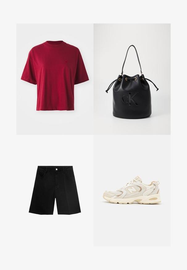 Tricou scurt din bumbac roșu, cu mânecă scurtă și guler rotund, având un mic logo brodat pe piept. Croială boxy și textură netedă.; Șorturi din denim negre cu croială dreaptă, cinci buzunare și închidere cu nasture argintiu. Textură netedă, cu detalii de cusătură minime.; Încălțăminte sport bej cu plasă și suprapuneri sintetice, având o suprafață texturată, guler umplut și amortizare „ABZORB” la călcâi.; Geantă bucket din piele neagră, cu închidere cu șnur, având un logo lucios "CK" pe față și accente din metal auriu.