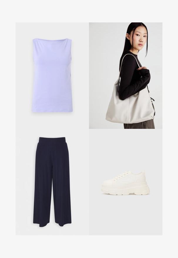 Top senza maniche di colore lavanda, realizzato in morbido cotone con scollo rotondo e texture liscia. Design semplice, senza motivi o dettagli visibili.; Pantaloni a gamba larga in tessuto navy scuro con una texture a coste. Presentano una vita liscia e una silhouette fluida, che arriva a metà polpaccio.; Sneaker bianca in tela con suola spessa, punta arrotondata e cinque occhielli per i lacci. Linguetta sul retro per una facile calzata. Texture liscia, design minimalista.; Borsa a mano beige realizzata in materiale morbido, caratterizzata da un design morbido, dettagli cuciti e due manici. Adatta per l'uso quotidiano.
