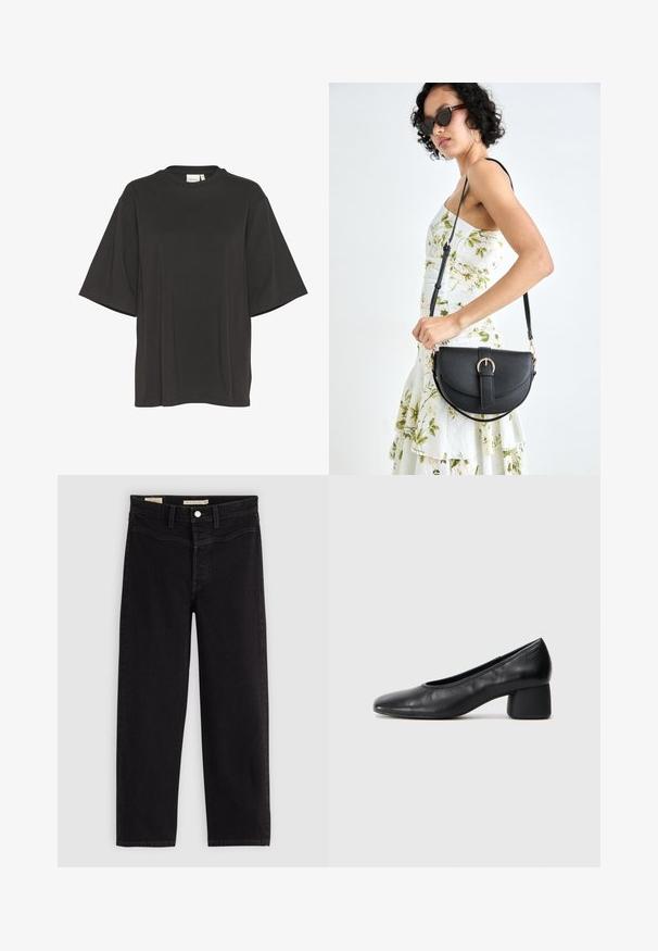 Gestuz SIMMA TEE - T-shirt basic - black; Zwarte jeans met een rechte pasvorm, gemaakt van denim. Voorzien van steekzakken, een knoopsluiting en contrasterende stiksels.; Zwarte leren pump met een ronde neus en een middenblokhak. Glad textuur met minimale details, voorzien van een subtiele elastische opening.; Zwarte leren handtas met een gebogen vorm, afneembare schouderband en gouden hardware. De tas heeft een klep met een gespsluiting.