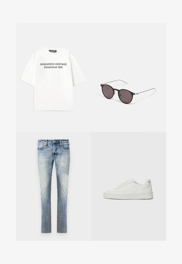 Dsquared2 T-shirt med print - white; Ljust blå denimjeans med en bleknad finish, slim fit-design, fem fickor och kontrasterande sömmar.; Vita lädersneakers med en jämn yta, rund tå, platta snörningar och en strukturerad sula. Har en diskret logotyp på hälen.; Svarta runda solglasögon med mörka linser och smala metallarmar. Inkluderar klara tempeltips och silverdetaljer vid gångjärnet. Minimalistisk design.