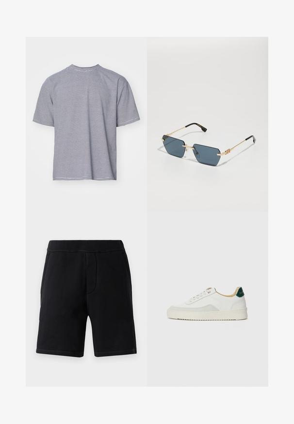 Stripet t-skjorte med korte ermer, med tynne marineblå og hvite horisontale striper, rund hals og en avslappet passform.; Sorte treningsshorts laget av mykt materiale; har en elastisk midje, to sidelommer og kontraststing.; Hvit sneakers med semsket detaljer, rund tå, flate snøringer og en kremfarget gummisåle. Har grønn merking på hælen.; Rektangulære solbriller med mørkeblå linser, ramme i gullmetall og sorte templetips. Gjennomsiktige nesepader og logodetaljer på temple.