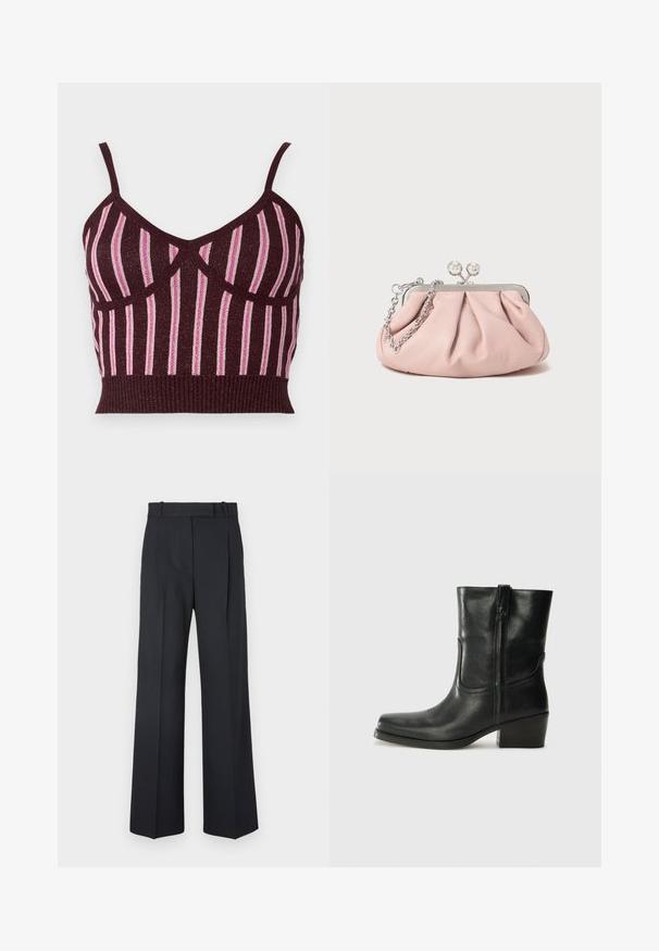 Burgundiškai raudonas megztas trumpas topas su plonomis petnešomis, su vertikaliomis rožinėmis metalinėmis juostelėmis ir raukinėtu apvadu. Tekstūruota medžiaga su aiškiais siūlėmis.; Tamsiai mėlynos juostelės kelnės su aukštu liemeniu, plačiomis kojomis ir be matomų detalių ar puošmenų. Sklandus audinys ir pritaikytas siluetas.; Juodi odiniai aulinukai iki kulkšnies su apvali nosimi, blokuotais kulnais, šonine užtrauktuku ir siuvimo akcentais ant viršutinės dalies. Lygi tekstūra, klasikinis dizainas.; Rožinė odinė rankinė su surinkta forma, metaliniu rėmu, dviem apvaliais užsegimais ir sidabrine grandinėlės dirželiu. Lygus paviršius, kompaktiška forma.