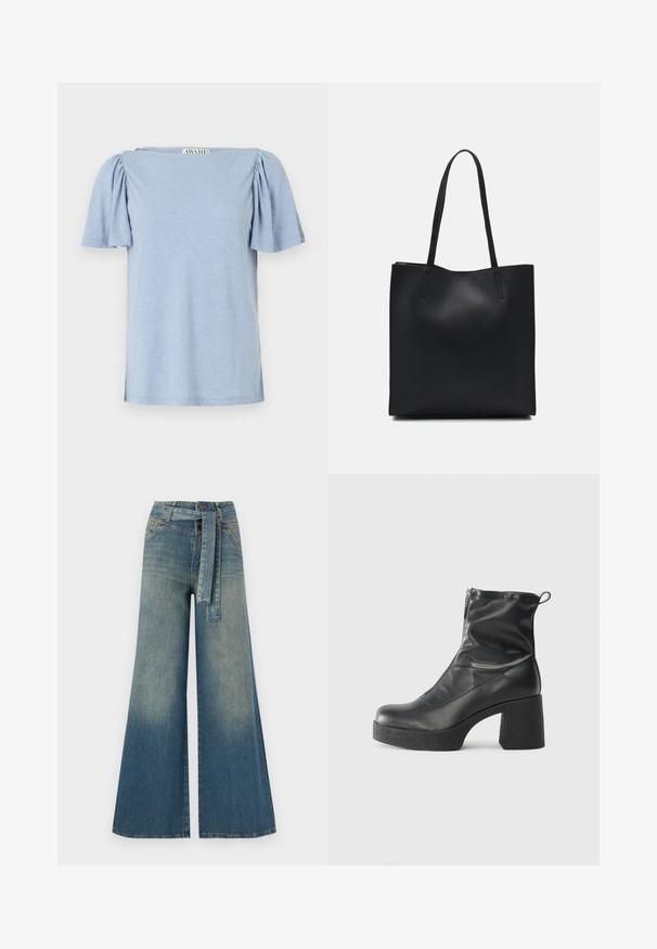 Šviesiai mėlynas trumpomis rankovėmis ir pūstomis rankovėmis viršus su kvadrato formos iškirpte. Pagamintas iš minkštos medžiagos su šiek tiek tekstūruotu paviršiumi.; Platus džinsinis kelnes su šviesiai tamsiai mėlynu gradientu, aukštu juosmeniu, diržo kilpomis ir atitinkančiu audinio diržu. Textūruotas džinsinis paviršius.; Juodos kulkšninių botai, pagaminti iš lygaus odos, su šoniniu užtrauktuku, masyviu tekstūruotu kulnu ir apvaliu pirštu.; Juodas odinis tote krepšys su lygia tekstūra, stačiakampio formos ir dviem ilgais rankenomis. Matomų metalinių detalių ar puošybos nėra.