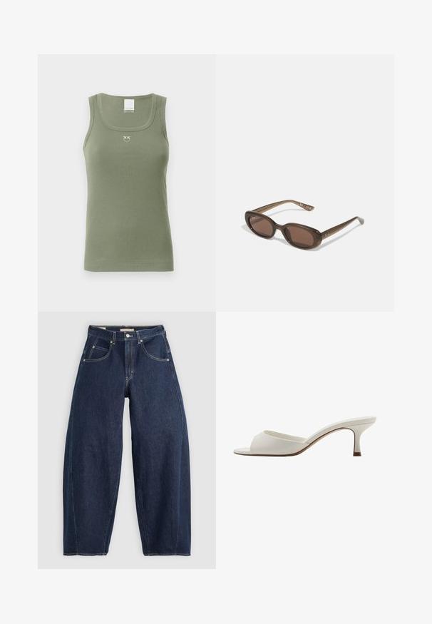 Olivgrünes, geripptes Tanktop mit rundem Ausschnitt, dünnen Trägern und einem kleinen Logo auf der Brustmitte. Weicher, dehnbarer Stoff.; Dunkelblaue Denim-Jeans mit lockerer Passform, heller Naht, fünf Taschen und einem Knopfverschluss am Bund.; Weiße, offene High-Heel-Mules mit glatter Oberfläche, minimalistischer Gestaltung und schlankem Absatz, ausgestattet mit einem subtilen braunen Akzent auf der Sohle.; Braune ovale Sonnenbrillen mit dunklen Gläsern. Das Gestell besteht aus einem transparenten braunen Material und hat ein auf den Bügeln aufgedrucktes Logo.; Grüne Lederhandtasche mit glatter Textur, gebogenem Design und geflochtenem Griff. Verfügt über einen Reißverschluss und einen verstellbaren Riemen.