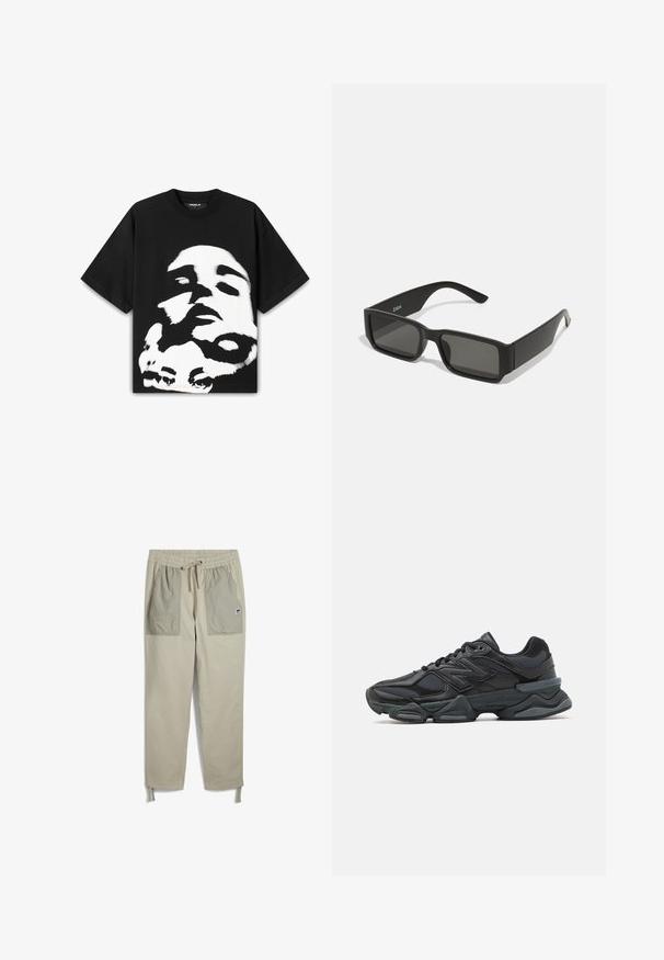 Melna kokvilnas T-krekls ar lielu baltu un melnu grafikas attēlu, kas attēlo seju. Ar īsām piedurknēm un brīvu piegriezumu ar apaļu kakla izgriezumu.; Beige bikses ar elastīgu jostu, ar auklu, divām lielām priekšējām kabatām gaišākā tonī un regulējamiem potītes siksnām.; Melna skriešanas apavi ar jauktu acu audumu un sintētiskiem materiāliem, masīvu zoli, izliekta dizaina elementiem un izteiktu zīmola logotipu uz sāniem.; Melnas saulesbrilles ar taisnstūra lēcām, matēta plastmasas rāmja un taisnām malām. Uz iekšējās rokas ir zīmola logo.