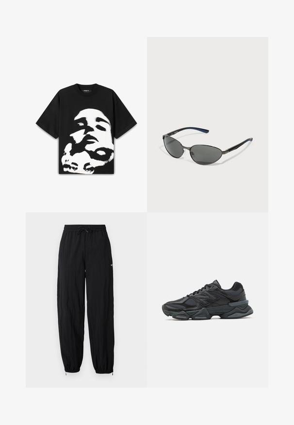 Černé bavlněné tričko s velkým bílým a černým grafickým potiskem obličeje. Krátké rukávy a volný střih s kulatým výstřihem.; Černé, lehké sportovní kalhoty s elastickým pasem, nastavitelnou šňůrkou a zúženými kotníky. Obsahují jemný detail loga.; Černá běžecká bota s kombinací síťoviny a syntetických materiálů, masivní podešev, zakřivený design a výrazné logo na boku.; Sluneční brýle s oválnými černými čočkami, kovovým rámem a texturovanými nohami v černé a modré barvě. Rám má accent s logem na boku.; Černá ledvinka vyrobená z nylonu; má přední kapsu na zip, nastavitelný popruh a nášivku s logem. Zaoblený tvar s hladkým povrchem.