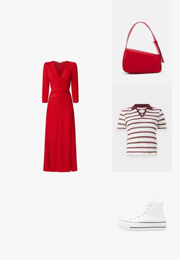 Top tricotat cu mânecă scurtă și dungi, cu guler burgundy, având dungi alternante albe și maronii. Design în formă de V și textură ribbată.; Rochie roșie cu decolteu în V, mâneci trei sferturi și detalii pliate la talie și spate. Materialul pare neted și ușor.; Adidași albi tip pantofi sport cu glezna din pânză, cu talpă din cauciuc negru, capac de vârf din cauciuc frontal și șase ochiuri pentru șireturi, având un design curat și minimalist.; Geantă de mână din piele roșie, cu un design unghiular și geometric. Dispune de o singură curea ajustabilă și un sistem de închidere cu clapetă, cu detalii cusute.