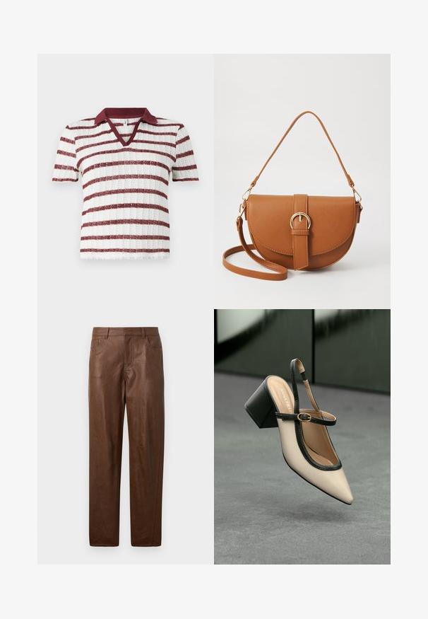 Črtast pleten top s kratkimi rokavi in bordo ovratnikom, ki vsebuje izmenične bele in bordo črte. Oblikovan v V-izrezu ter z ribano teksturo.; Rjave usnjene hlače z gladko teksturo, naravnim krojem in dvema stranskima žepoma. Imajo opazne šive.; Bežna slingback čevlja z uskim sprednjim delom, črnimi detajli, zlatim zaponko in debelim blokovskim peto na sivi tleh s temno zeleno ozadje.; Rjava usnjena torbica prek telesa s ukrivljeno obliko, zlate opreme in sponko. Ima odstranljiv naramni trak.