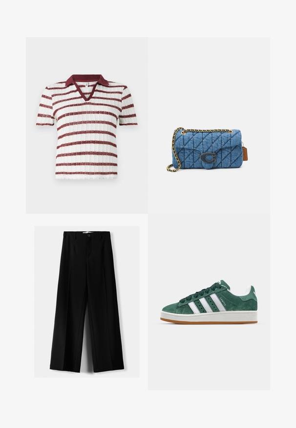 Gestreiftes Kurzarm-Stricktop mit burgunderfarbenem Kragen, das abwechselnd weiße und kastanienbraune Streifen enthält. V-Ausschnitt-Design und gerippte Textur.; Schwarze weite Hosen aus leichtem Stoff, mit einem Knopfverschluss vorne und flachem Bund, mit sorgfältig genähten Säumen.; Grüne Wildleder-Sneaker mit weißen Lederstreifen, Gummisohle, gepolsterter Kragen und minimalistischem Design. Mit Branding an der Seite.; Blaue gesteppte Denim-Schultertasche mit einem goldenen Kettenriemen und einem auffälligen goldenen Logoakzent auf der Vorderseite. Kompakte rechteckige Form.